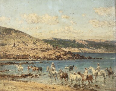 View full screen - View 1 of Lot 99. VICTOR-PIERRE HUGUET | HORSES DRINKING; SETTLEMENT AT DAWN.