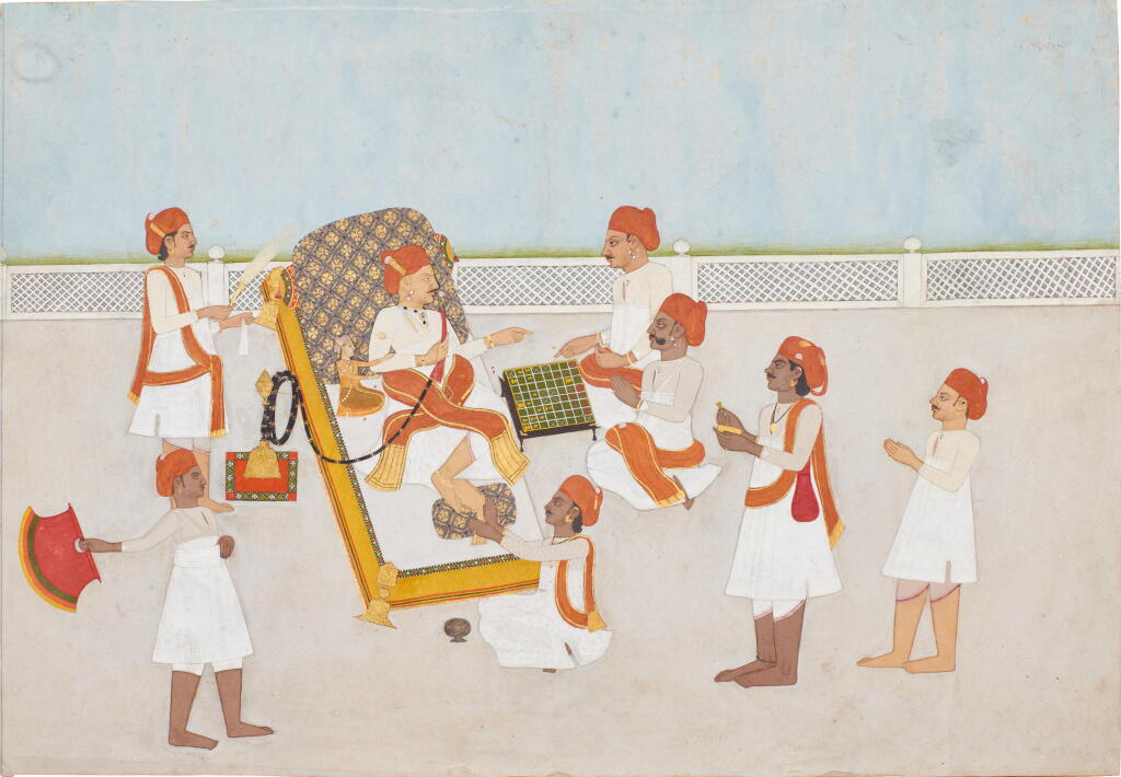 View full screen - View 1 of Lot 184. A nobleman playing chess on a terrace, circle of Sahib Ram, India, Rajasthan, Jaipur, circa 1780.