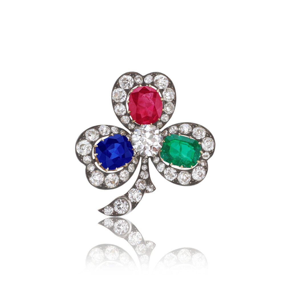 View full screen - View 1 of Lot 554. Superb sapphire, ruby, emerald and diamond pendant/brooch, late 19th-century and later.