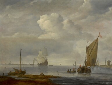 View full screen - View 1 of Lot 127. ARNOLDUS ANTHONISSEN | COASTAL SCENE WITH A WIJDSCHIP OFF-SHORE, A MOORED PINK, AND A MAN-O'-WAR AT ANCHOR BEYOND.