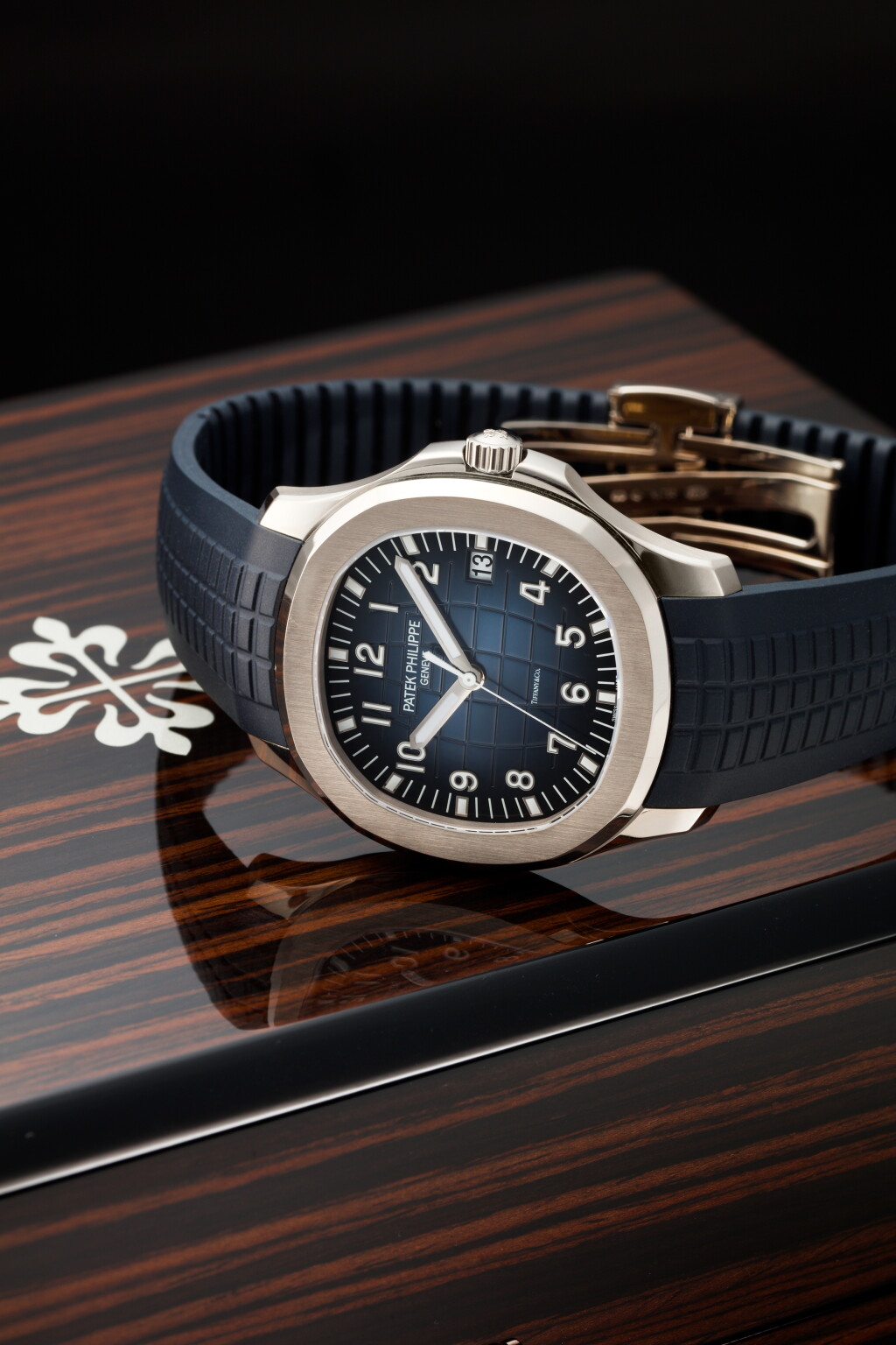 View full screen - View 1 of Lot 69. REFERENCE 5168 AQUANAUT RETAILED BY TIFFANY & CO.: A WHITE GOLD AUTOMATIC WRISTWATCH WITH DATE, MADE TO COMMEMORATE THE 20TH ANNIVERSARY OF THE AQUANAUT, CIRCA 2017.