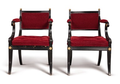 View full screen - View 1 of Lot 128. A PAIR OF REGENCY EBONIZED AND GILT BRASS-MOUNTED ARMCHAIRS, EARLY 19TH CENTURY.
