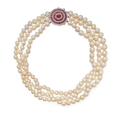 View full screen - View 1 of Lot 178. Cultured Pearl, Ruby and Diamond Necklace.
