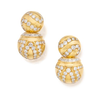 View full screen - View 1 of Lot 32. Pair of Gold and Diamond Pendant-Earclips.