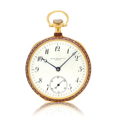 View full screen - View 1 of Lot 8281. A pink gold and enamel openface keyless watch with tinted enamel dial, Made in 1895 | 百達翡麗 粉紅金及琺瑯懷錶,備琺瑯錶盤,1895年製.