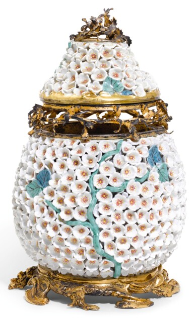 View full screen - View 1 of Lot 95. A LOUIS XV STYLE GILT-BRONZE MOUNTED MEISSEN PORCELAIN 'SCHNEEBALLEN' POT POURRI AND COVER, THE PORCELAIN CIRCA 1745, THE MOUNTS 19TH CENTURY.