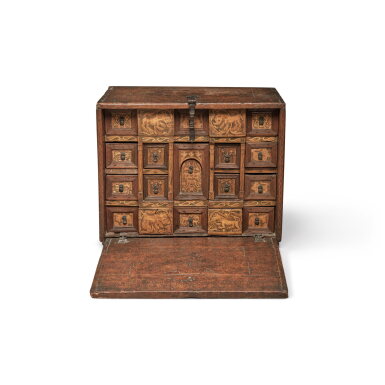 View full screen - View 1 of Lot 413. A Spanish Colonial Baroque Wrought Iron Mounted Figural Inlaid Walnut Collector's Table Cabinet, 17th Century.