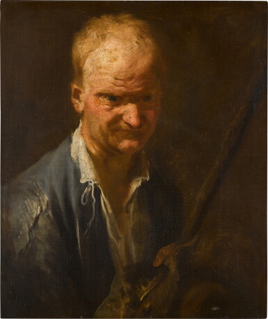 View full screen - View 1 of Lot 130. Portrait of a man, bust-length, holding a staff and a painting.