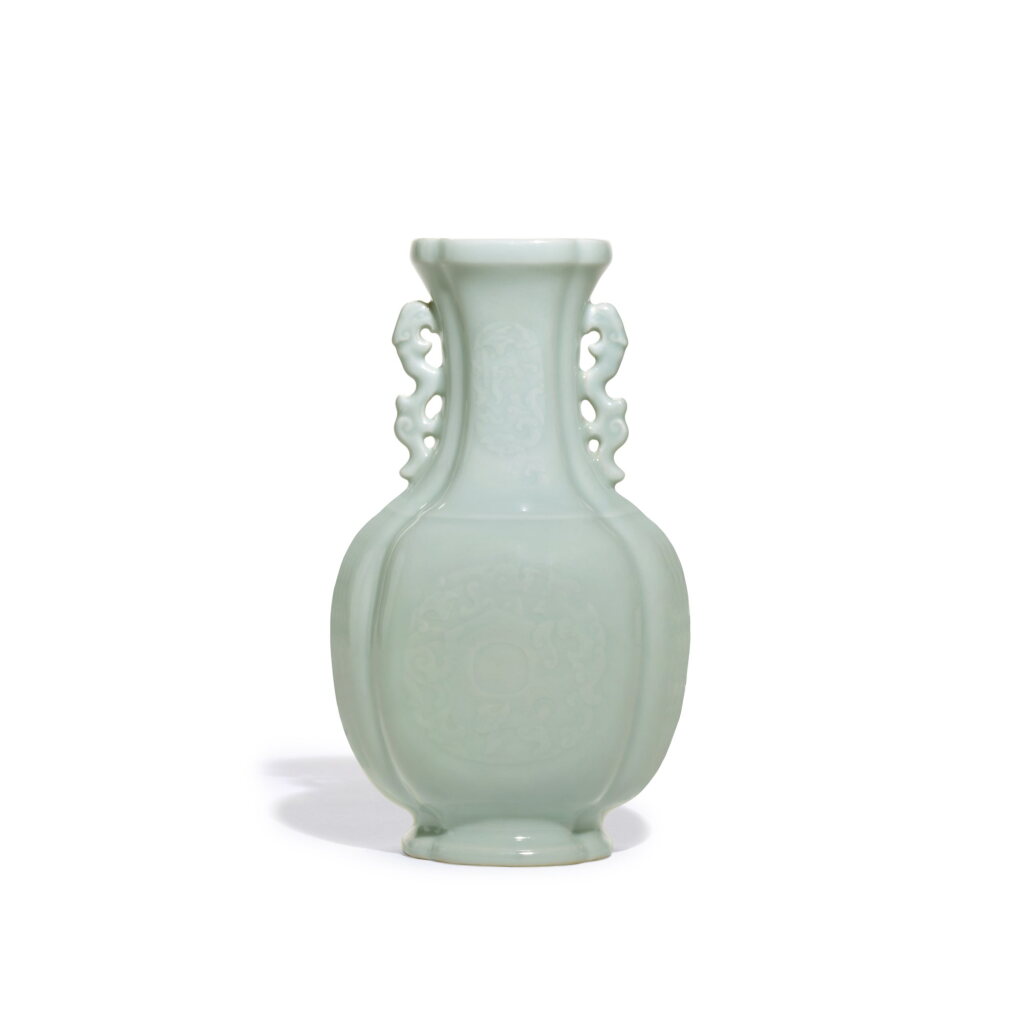 View full screen - View 1 of Lot 212. A rare celadon-glazed quadrilobed 'mythical beast' vase, Seal mark and period of Qianlong | 清乾隆 粉青釉仿古龍璧紋夔龍耳海棠式瓶 《大清乾隆年製》款.