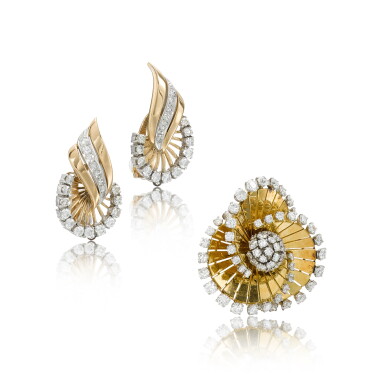 View full screen - View 1 of Lot 129. Diamond brooch, 'Tourbillon', 1942 and a pair of diamond earrings .