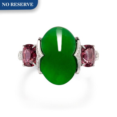 View full screen - View 1 of Lot 1175. JADEITE, SPINEL AND DIAMOND RING | 天然翡翠 配 尖晶石 及 鑽石 戒指.