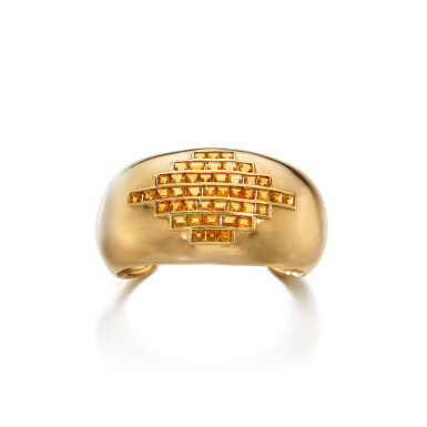 View full screen - View 1 of Lot 743. Gold and citrine bangle, 'Tranche', circa 1940.