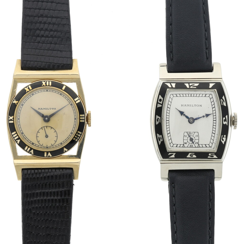 View full screen - View 1 of Lot 80. A PAIR OF GOLD AND ENAMEL WRISTWATCHES, CIRCA 1930.