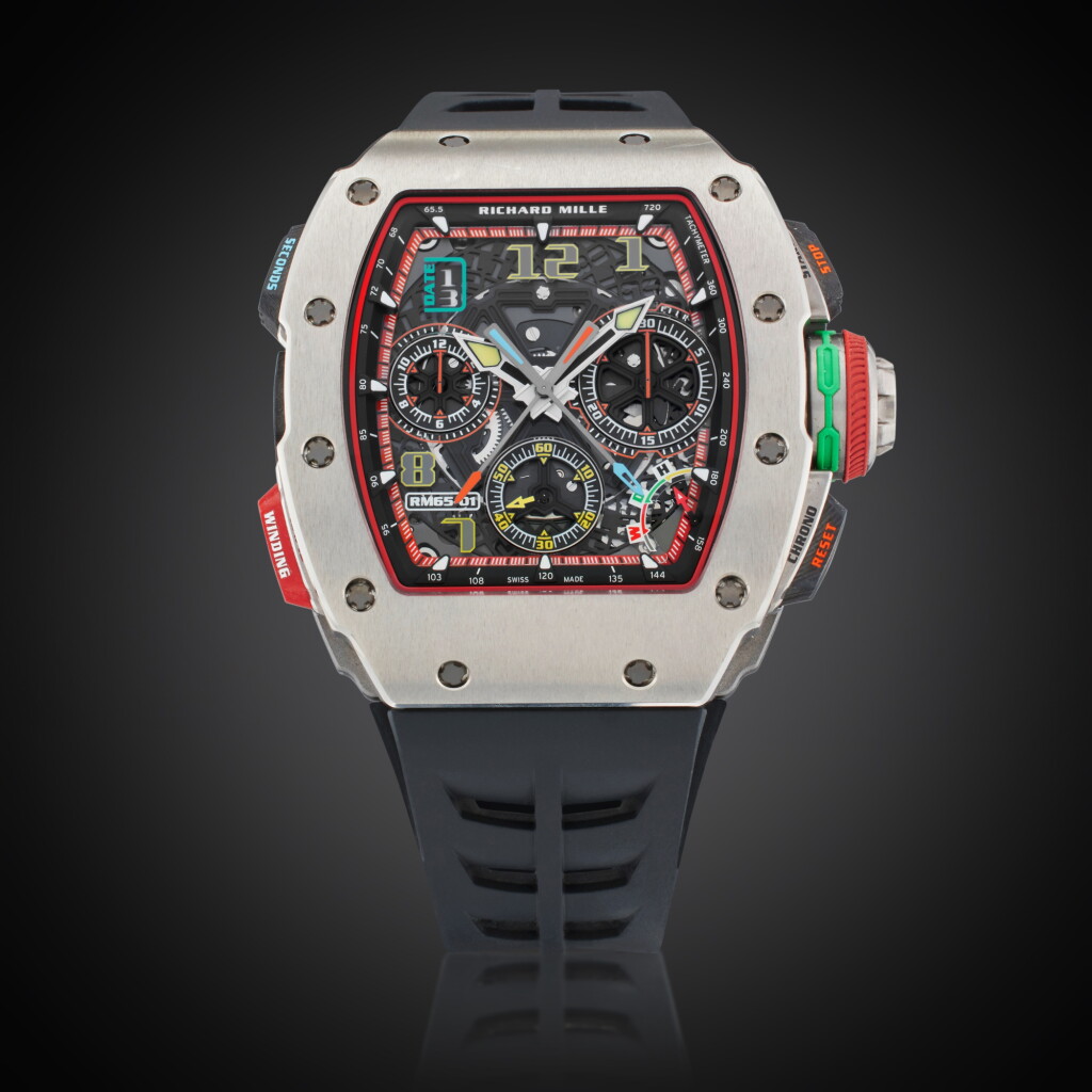 View full screen - View 1 of Lot 24. Reference RM65-01 | A titanium skeletonized split seconds chronograph automatic wristwatch with date and rapid winding mechanism, Owned and Worn by Tom Brady, Circa 2022.