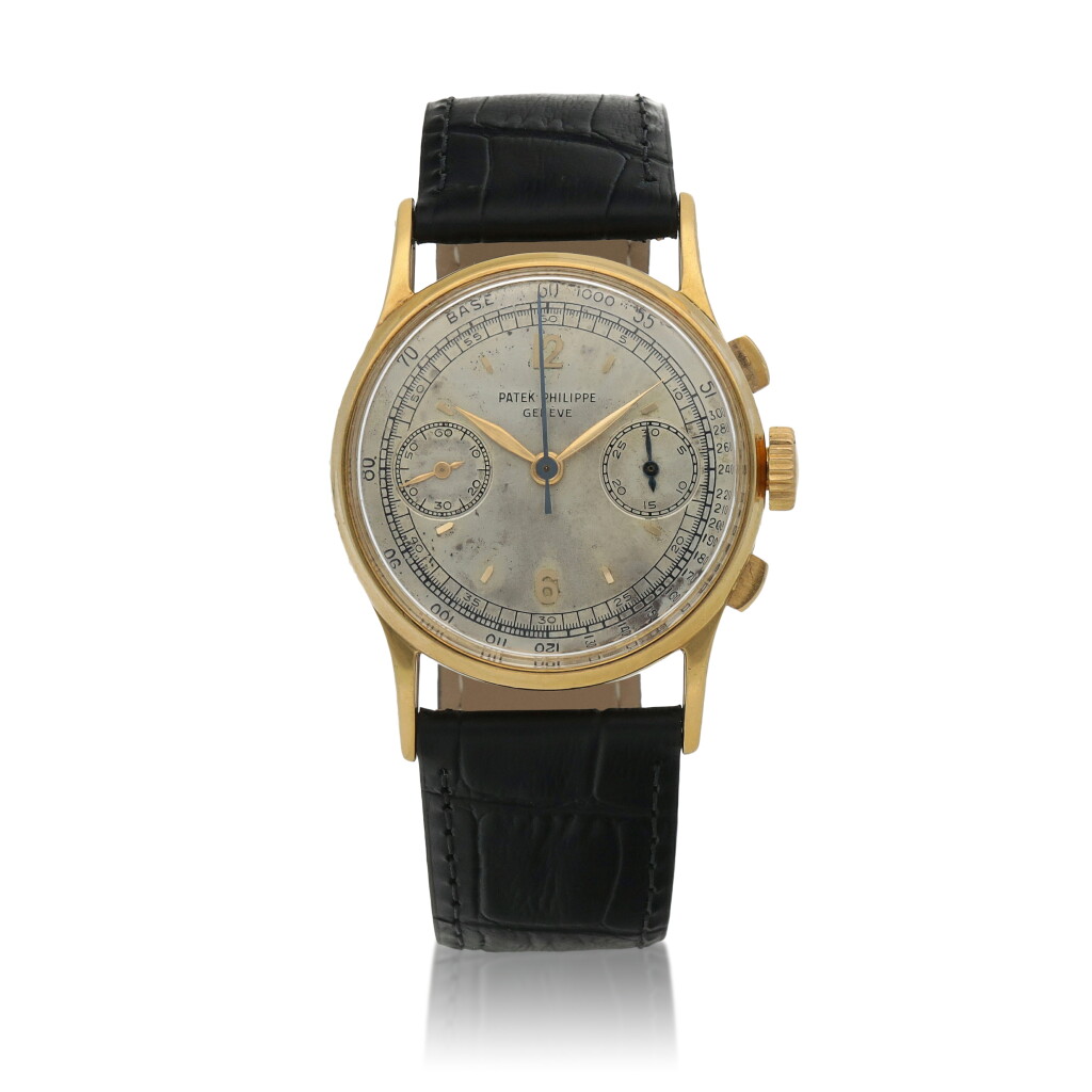 View full screen - View 1 of Lot 617. Ref. 130 Yellow gold chronograph wristwatch Circa 1949.