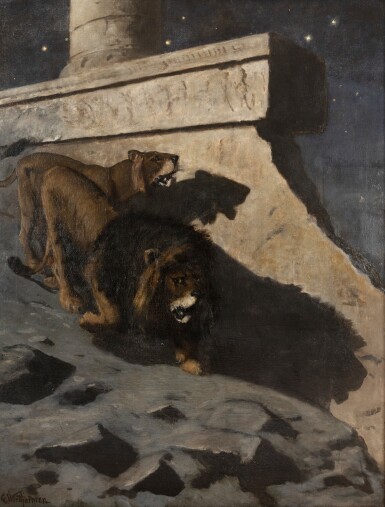 View full screen - View 1 of Lot 95. Couple of Lions in front of ruins of an Egyptian temple | Couple de lions devant les ruines d'un temple égyptien.