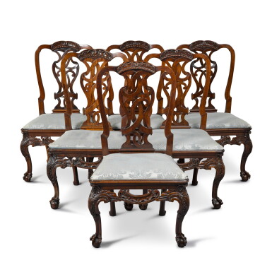 View full screen - View 1 of Lot 65. A set of six George II carved mahogany side chairs, probably Lancashire, third quarter 18th century, possibly by Robert Gillow & Son.