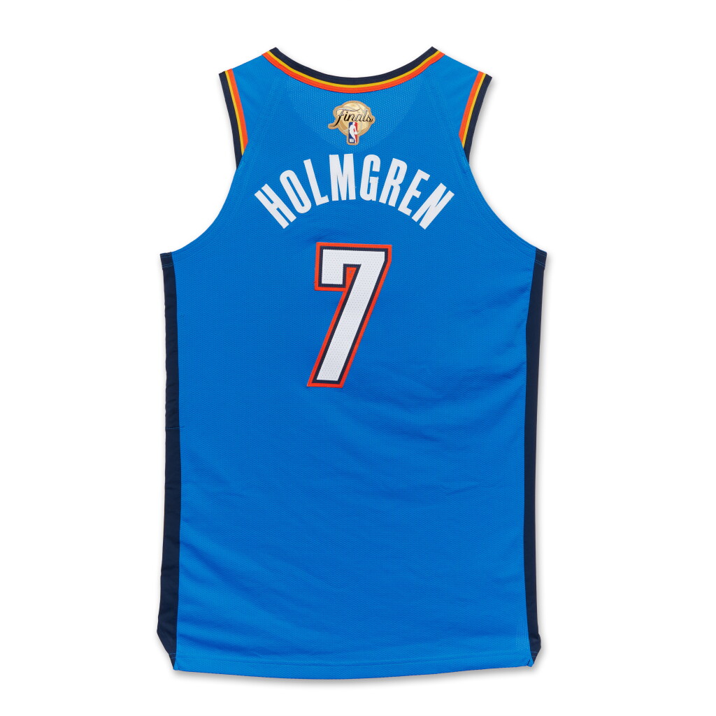 View full screen - View 1 of Lot 3. Chet Holmgren Oklahoma City Thunder 2025 NBA Finals Game Worn Icon Edition Jersey | Game 2 | ‘Championship Run’ .