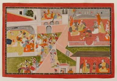 View full screen - View 1 of Lot 864. An Illustration to the Ramayana: the Miraculous Birth of Rama and His Brothers, Pahari / Jammu, circa 1830s.