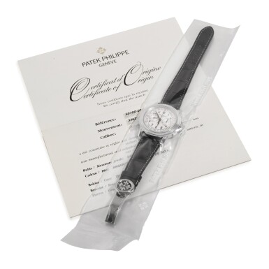 View full screen - View 1 of Lot 160. PATEK PHILIPPE | REFERENCE 5070, A WHITE GOLD CHRONOGRAPH WRISTWATCH IN SERVICE SEAL, CIRCA 2005.