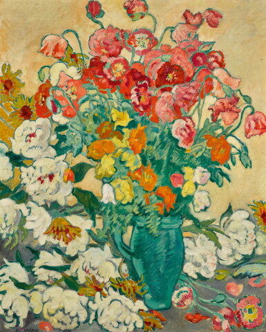View full screen - View 1 of Lot 481. LOUIS VALTAT | GRAND BOUQUET A LA CRUCHE VERT, COQUELICOTS ET PIVOINES BLANCHES À LA CRUCHE VERTE.