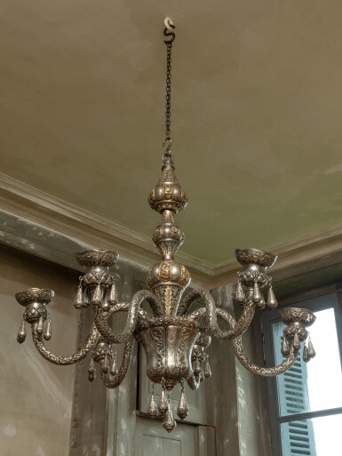 View full screen - View 1 of Lot 73. An Indian silver six-light chandelier, circa 1900 | Lustre à six lumières en argent, Inde, circa 1900.