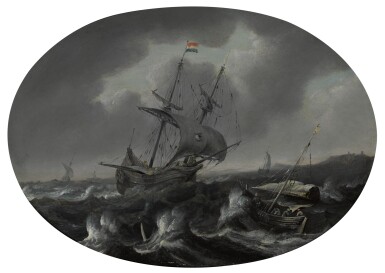 View full screen - View 1 of Lot 63. FOLLOWER OF BONAVENTURA PEETERS THE ELDER | A merchantman and other sailing vessels in a storm near a coast.