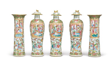 View full screen - View 1 of Lot 1938. A CANTON FAMILLE-ROSE FIVE-PIECE GARNITURE, QING DYNASTY, 19TH CENTURY | 清十九世紀 廣彩人物圖瓶一套五件.