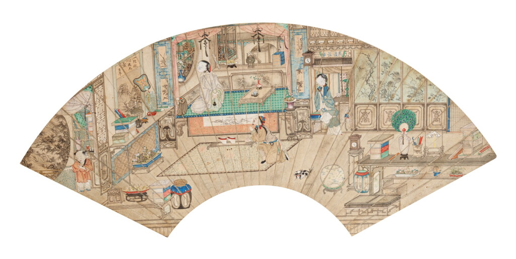 View full screen - View 1 of Lot 116. Anonyme Scène d'intérieur avec personnages Dynastie Qing | 清 人物故事圖 | Anonymous, Interior scene with characters, ink and colour on paper, fan leaf, Qing Dynasty.