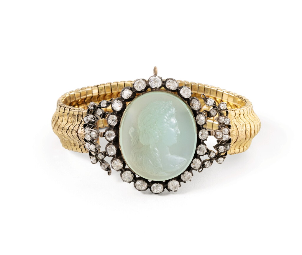 View full screen - View 1 of Lot 246. Chrysoprase and diamond bracelet.