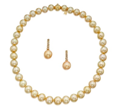 View full screen - View 1 of Lot 139. Cultured Pearl Necklace, Mikimoto and Pair of Cultured Pearl and Diamond Earrings.