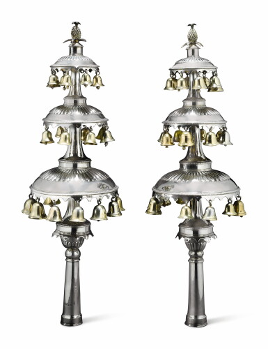 View full screen - View 1 of Lot 101. A PAIR OF UNUSUAL ENGLISH SILVER "CHINOISERIE" TORAH FINIALS, JOHN ROBINS, LONDON, 1803.