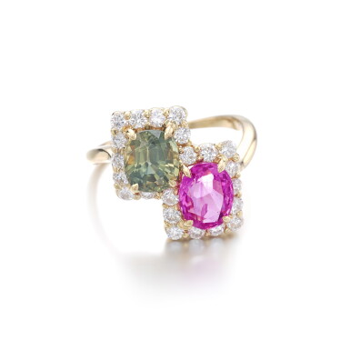 View full screen - View 1 of Lot 1098. Pink and green sapphire and diamond ring.