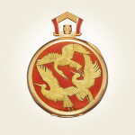 Reference 982/111J-0001 'Dancing Storks' | A yellow gold open faced watch with hand engraved flying storks on a translucent orange enamel background, Circa 2010