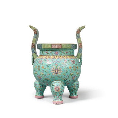 View full screen - View 1 of Lot 160. A large turquoise-ground famille-rose 'Shuangxi' tripod censer, Seal mark and period of Daoguang.