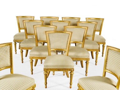 View full screen - View 1 of Lot 26. A SET OF TWELVE ITALIAN CARVED GILTWOOD NEO-CLASSICAL CHAIRS, ROMAN, LATE 18TH CENTURY.