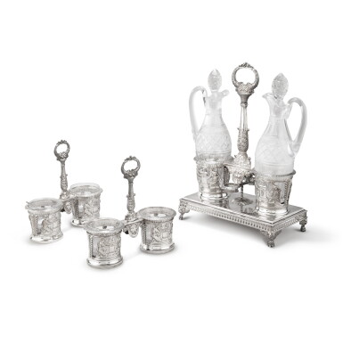 View full screen - View 1 of Lot 428. A silver cruet and a pair of silver double salt-cellars, Etienne-Auguste Courtois, Paris, 1819-1838 and a pair of silver mustard-pots, L.L. Legay, Paris, 1819-1838 | Huilier et paire de salières doubles en argent, par E.A.Courtois, avec paire de moutardiers par L.L. Legay, Paris, 1819-1838.