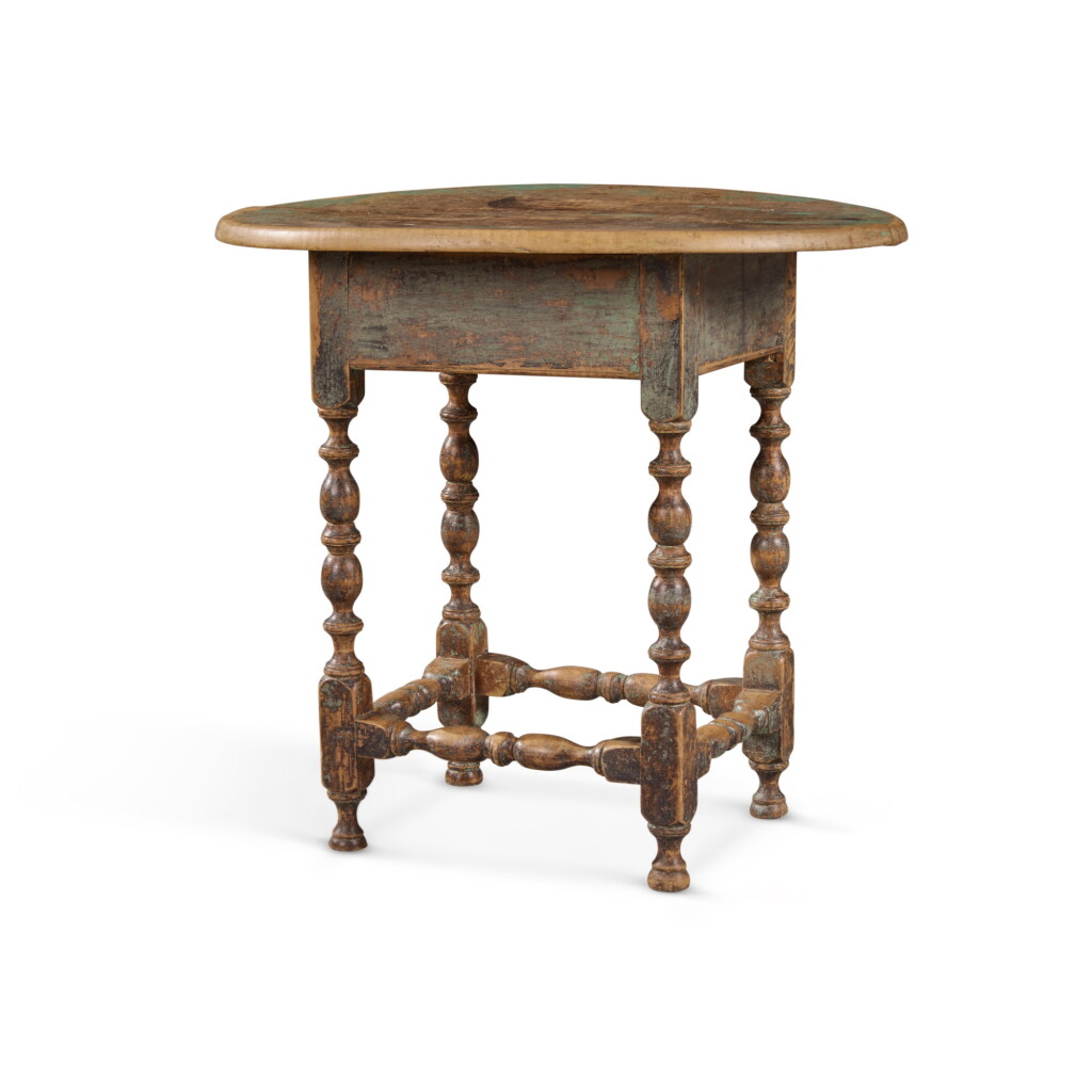 View full screen - View 1 of Lot 34. The Dixon Family William and Mary Apple Green-Painted Oval-Top Tavern Table, Massachusetts, circa 1735.