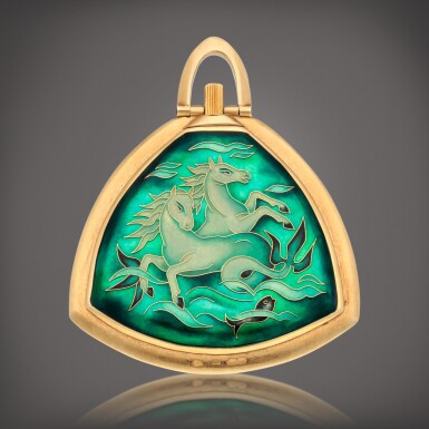 View full screen - View 1 of Lot 424. An open faced yellow gold and enamel keyless triangular watch | Circa 1960.