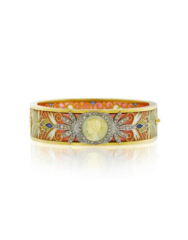 View full screen - View 1 of Lot 50. Bracelet émail, ivoire et diamants | Enamel, ivory and diamond bracelet.