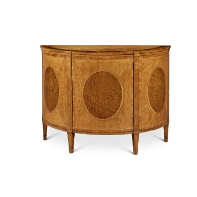View full screen - View 1 of Lot 131. A George III Satinwood, Amboyna, Polychrome Pained and Tulipwood-Crossbanded Demilune Commode, Circa 1780.