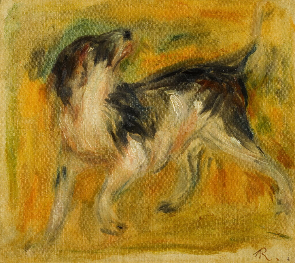 View full screen - View 1 of Lot 509. Etude de chien or Chien de meute sur fond jaune.