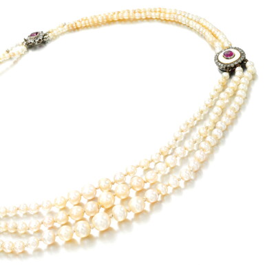 View full screen - View 1 of Lot 28. Natural pearl, seed pearl, ruby, enamel and diamond necklace, early 20th century.