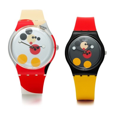 View full screen - View 1 of Lot 216. Swatch Swatch X Damien Hirst: Spot Mickey & Mirror Spot Mickey, A pair of wristwatches limited edition celebrating the 90th birthday of Mickey Mouse designed by Damien Hirst, circa 2018.