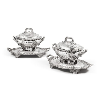 View full screen - View 1 of Lot 895. A pair of George IV silver tureens, covers and stands from the Duchess of St. Albans Service, Philip Rundell for Rundell, Bridge & Rundell, London, 1821.