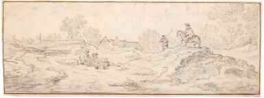 View full screen - View 1 of Lot 84. ATTRIBUTED TO CORNELIS SYMONSZ. VAN DER SCHALCKE | DUNE LANDSCAPE WITH TRAVELLERS AND OTHER FIGURES, A VILLAGE BEHIND.