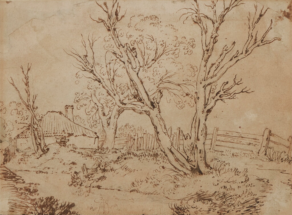 Voir en plein écran - Voir 1 du lot 263. Landscape with trees by a stream, a fence and a cottage behind.