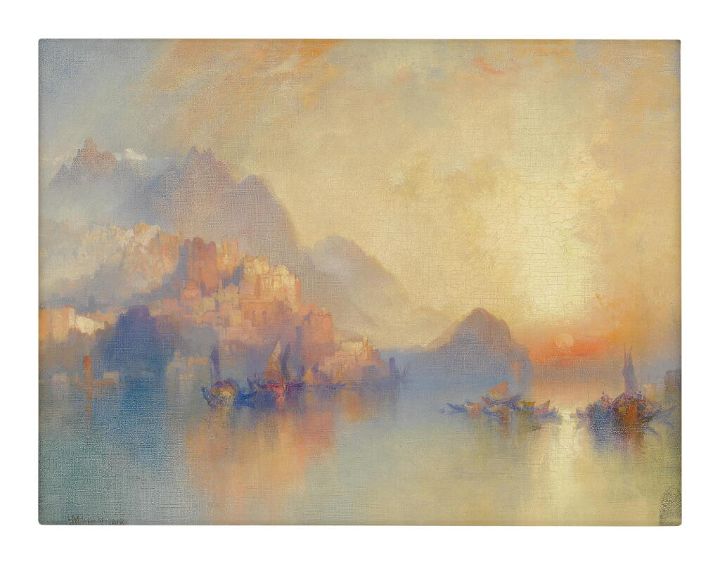 View full screen - View 1 of Lot 45. THOMAS MORAN | A HILLSIDE VILLAGE AT SUNSET.