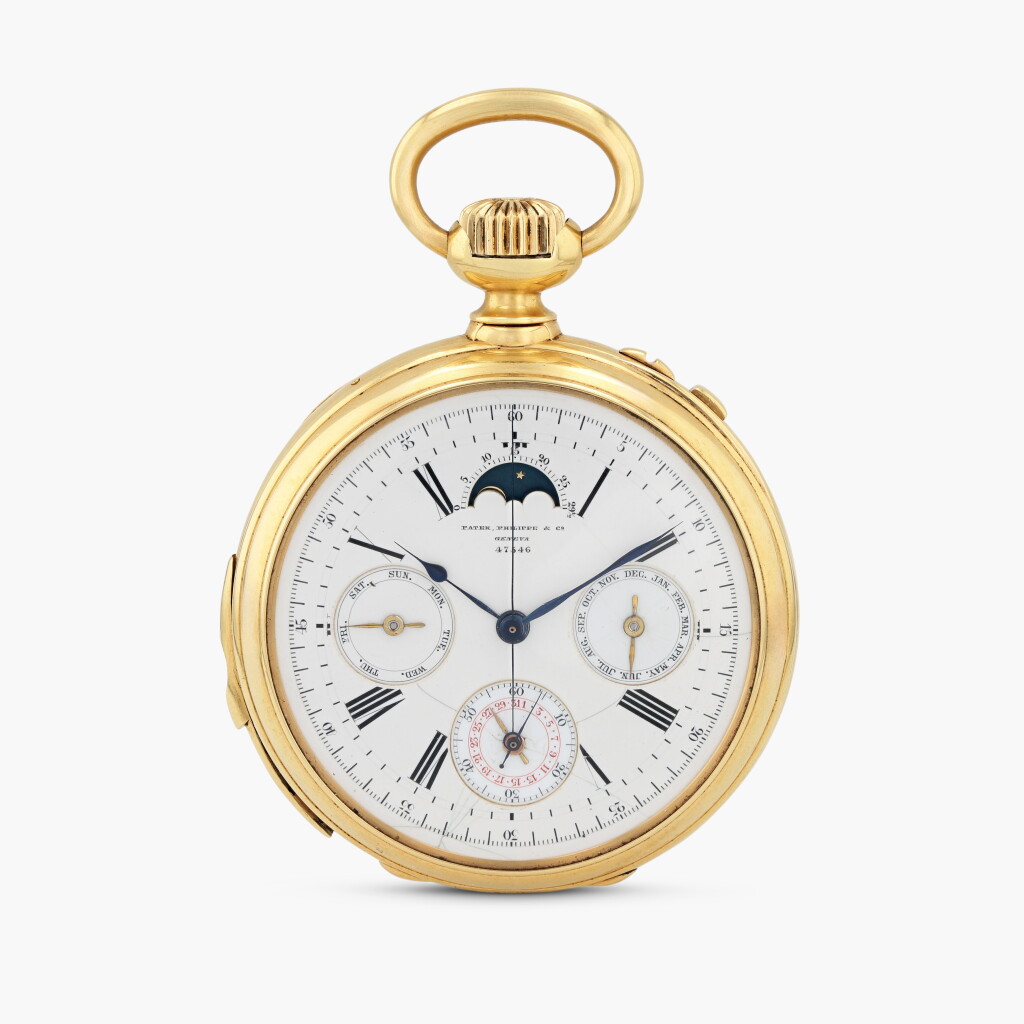 View full screen - View 1 of Lot 364. Grande complication, montre de poche chronographe et répétition minute en or jaune avec quantième perpétuel et phases de lune, vers 1873.