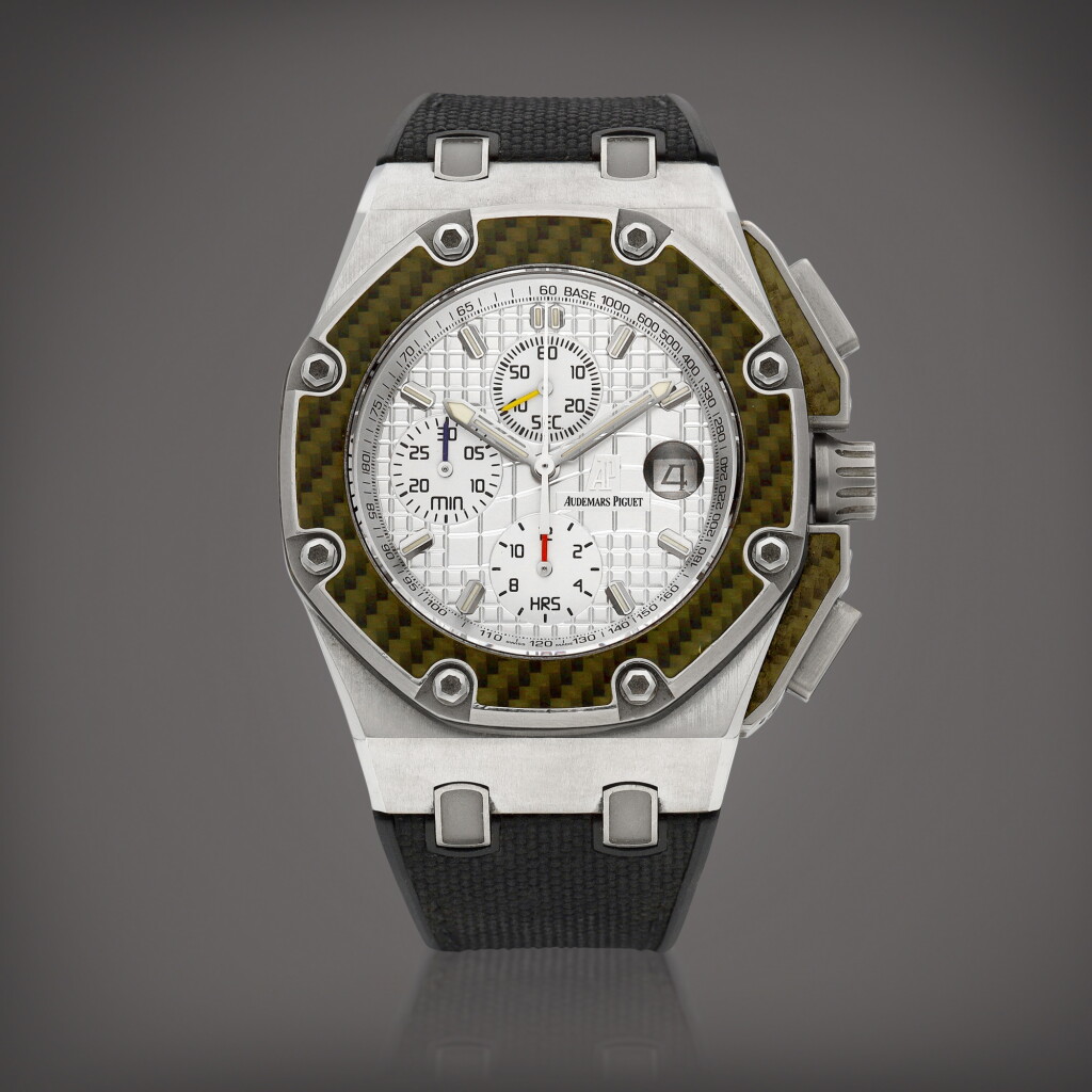 View full screen - View 1 of Lot 8756. Royal Oak Offshore “Juan Pablo Montoya”, Reference 26030IO.OO.D001IN.01 | A limited edition titanium and carbon fibre chronograph wristwatch with date, Circa 2004 | 愛彼 皇家橡樹離岸型系列 “Juan Pablo Montoya” 型號26030IO.OO.D001IN.01 | 限量版鈦金屬及碳纖維計時腕錶,備日期顯示,約2004年製 .